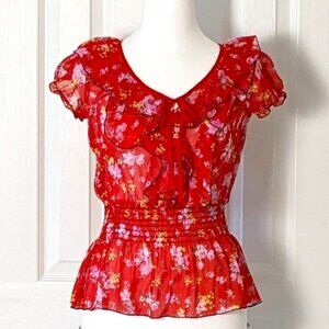 SHUI SI QING Women's Short Sleeve Blouse Top  Size M  Red Floral  Print